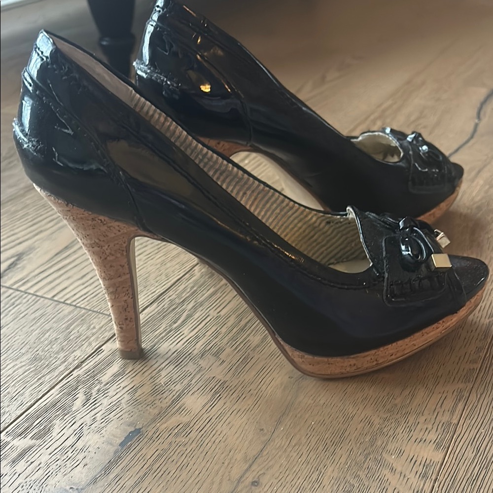 Nine West Black and Tan Heels with Peep-Toe and Platform